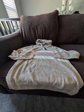 Striped Knit Hooded Turtleneck Sweater in Beige, Pink & Cream